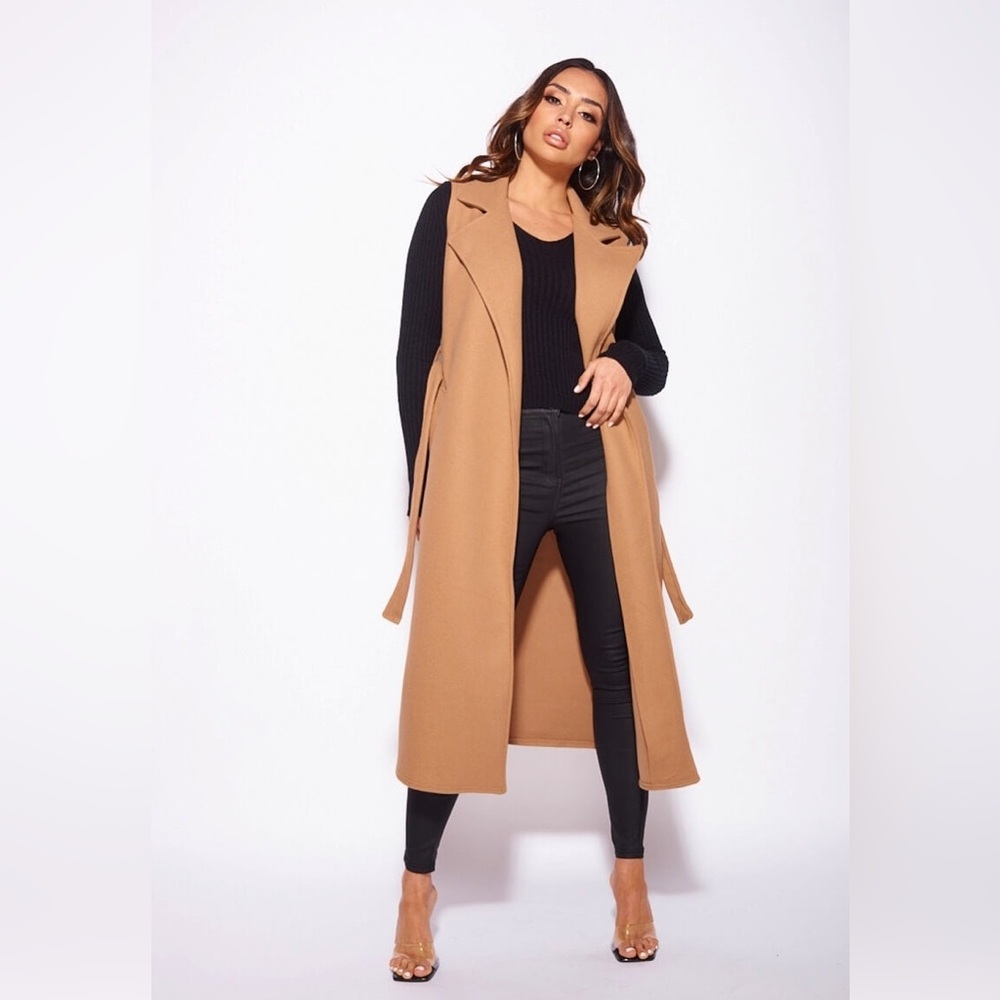 🔥HOST PICK🔥 CAMEL BRUSHED SLEEVELESS BELTED DUSTER JACKET- SIZE LARGE